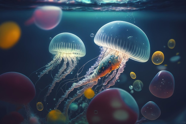 Abstracte onderwateractiviteiten met bellenkwallen en lichte generatieve AI