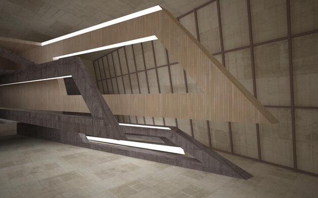 Abstracte openbare ruimte op meerdere niveaus van beton en hout met neonverlichting 3D illustratie