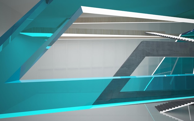 Abstracte openbare ruimte op meerdere niveaus van beton en hout met neonverlichting 3D illustratie