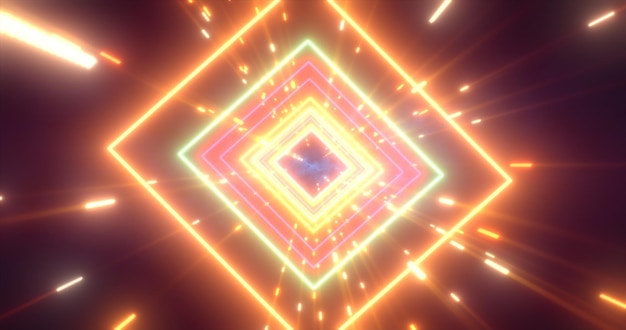 Abstracte oranje energie futuristische hitech vierkante tunnel van vliegende lijnen neon magische gloeiende achtergrond
