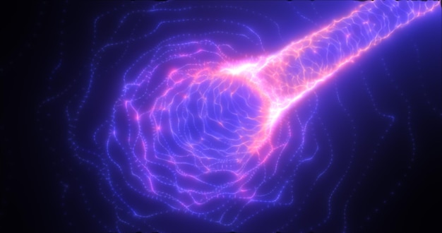 Abstracte paarse tunnel draait van deeltjes en stippen van gloeiende heldere futuristische hitech achtergrond