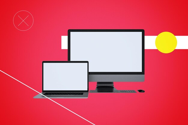 Abstracte pc en laptop op rode achtergrond