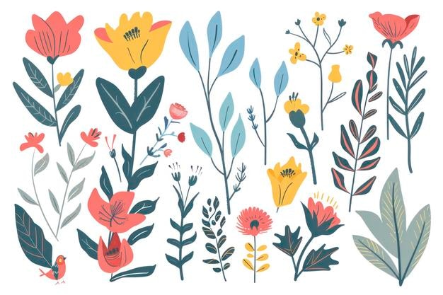Abstracte planten Eenvoudige Verschillende bloemen en bladeren vogels