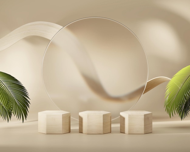 Abstracte platform podium showcase voor product display met palmbladeren 3d render