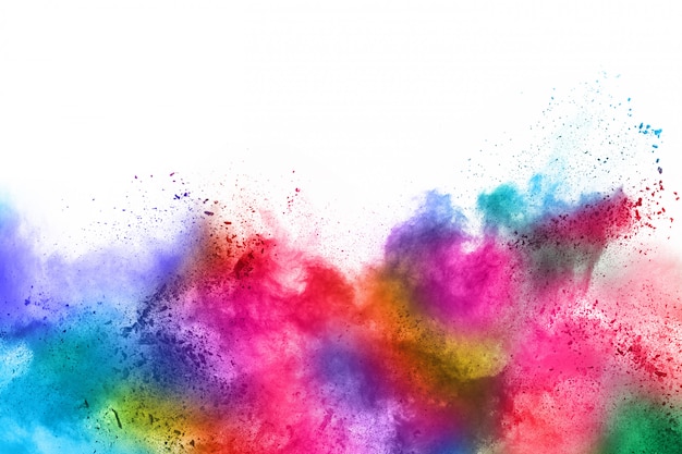Foto abstracte poeder splatted achtergrond. kleurrijke poederexplosie op witte achtergrond.