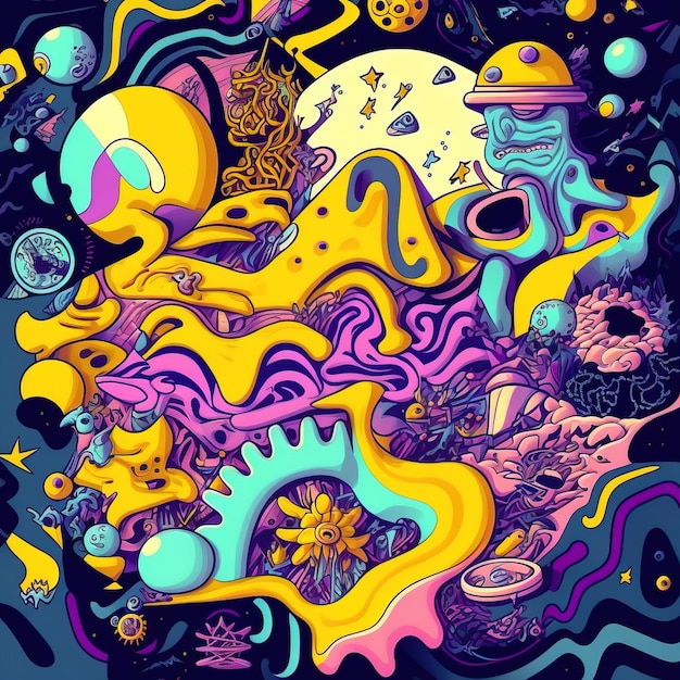 abstracte psychedelische neon cartoon van droomwereld achtergrond graffiti kunst generatieve AI