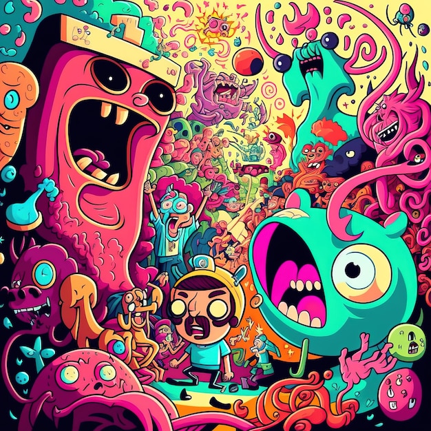 abstracte psychedelische neon cartoon van droomwereld achtergrond graffiti kunst generatieve AI