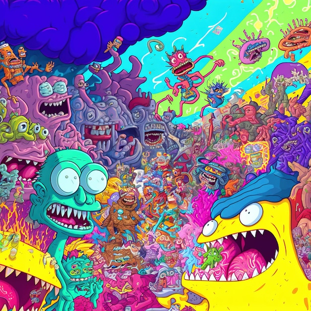 abstracte psychedelische neon cartoon van droomwereld achtergrond graffiti kunst generatieve AI