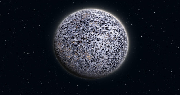 Abstracte realistische ruimte draaiende planeet ronde bol met een gebarsten grijs oppervlak in de ruimte