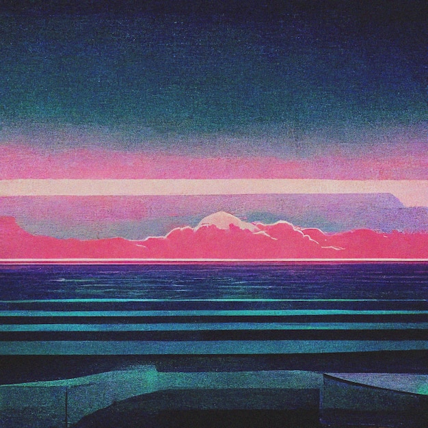 Abstracte Retro futuristische scifi synthwave landschap in de ruimte met sterren Vaporwave gestileerde 3D-afbeelding voor EDM muziek Ai render