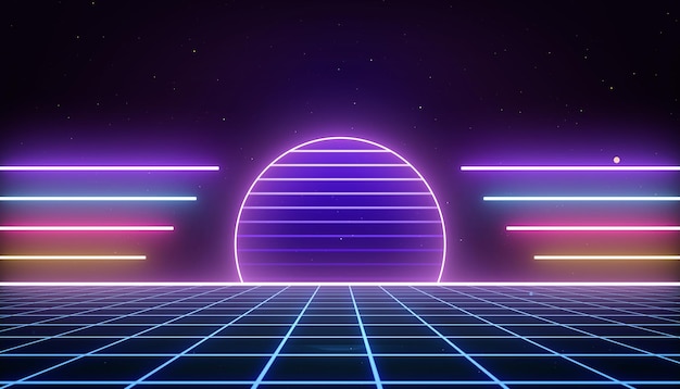 Abstracte retro stijl 80s90s futuristische grid wireframe achtergrond Digitale landschap neon retro party laser patroon achtergrond