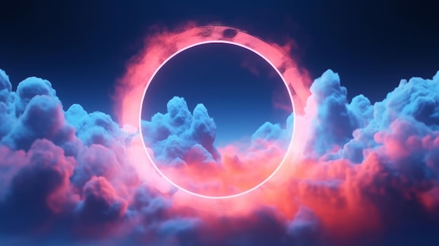 Abstracte ring verlicht door neonlicht op een kleurrijke achtergrond met wolken Generatieve AI