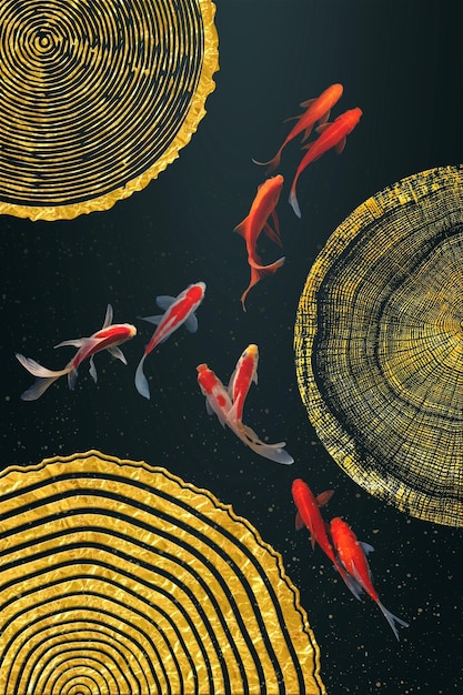 Abstracte ringen en hangende afbeeldingen van goudvissen