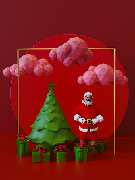 Abstracte rode scène kerstboom decoratie zwevende kerst concept 3d-rendering