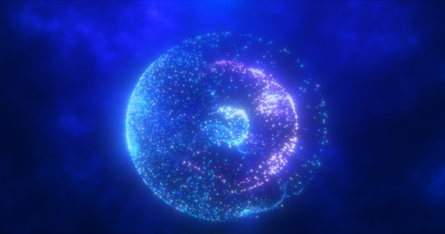 Abstracte ronde blauwe en paarse bol gemaakt van vliegende deeltjes gloeiende energie wetenschappelijk futuristisch