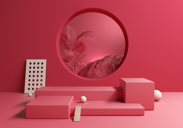Abstracte rood roze lege display producten met tropische achtergrond