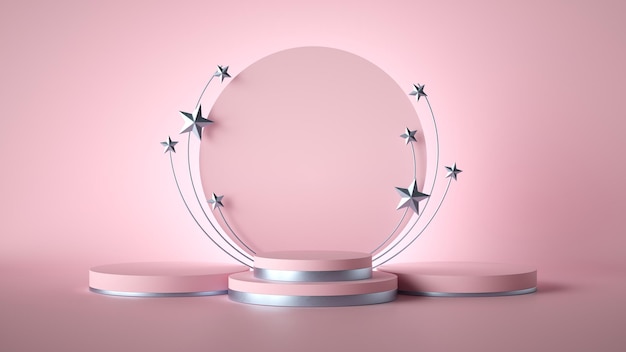 Abstracte roze mode achtergrond versierd met zilveren sterren leeg bord ronde frame