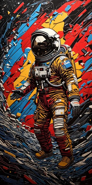 Abstracte ruimteposter met Lino Cut Astronaut Tekening VintageInspired Grafische Kunst AI Generatief