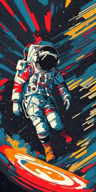 Abstracte ruimteposter met Lino Cut Astronaut Tekening VintageInspired Grafische Kunst AI Generatief