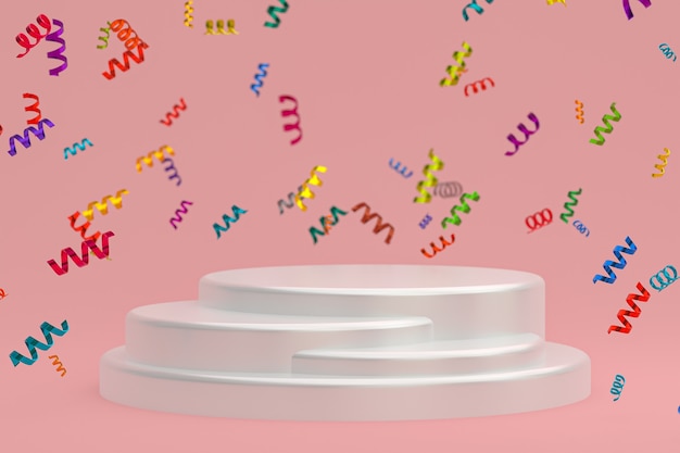 Abstracte scène roze achtergrond 3D-rendering met witte podium, confetti en veelkleurige linten voor festival
