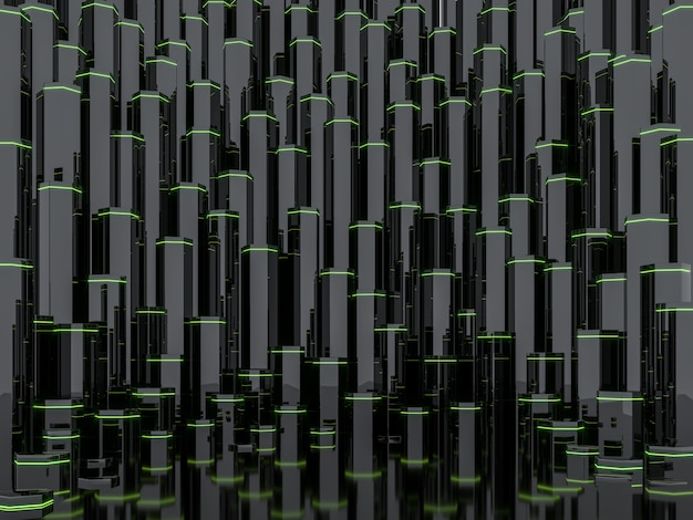 Abstracte sci-fi achtergrond met glanzende zwarte kolom en groen licht 3d render