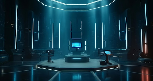 Abstracte sci fi futuristische gang donkere kamer in ruimtestation met gloeiende neonlichten achtergrond