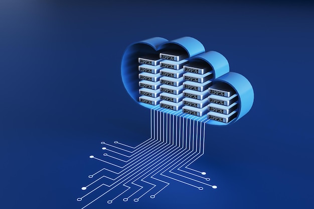 Abstracte serverruimte circuit wolk op blauwe achtergrond Gegevensopslag en database concept 3D-Rendering