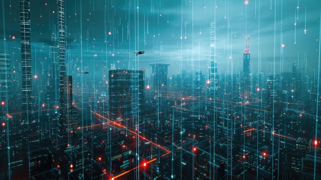 Abstracte slimme stad achtergrond netwerk digitale lijnen als regen tegen moderne gebouwen's nachts Concept van connect iot cyberpunk toekomst energie cybertechnologie