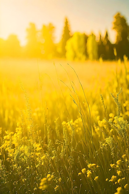 Abstracte soft focus zonsondergang veld landschap van gele bloemen