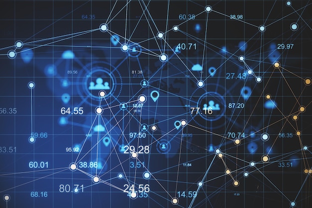 Abstracte spreidingsdiagrammen met digitaal wereldkaarthologram op virtueel scherm