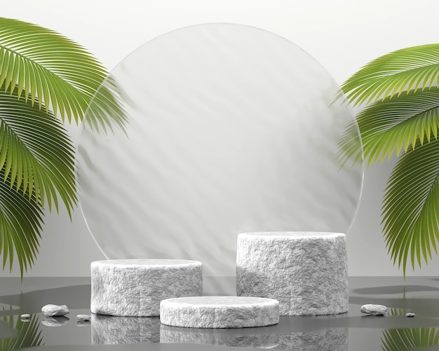 Abstracte stenen platform podium showcase voor product display met palmbladeren 3d render