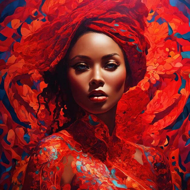 Abstracte stijl mode kunst portret van een mooie vrouw in een rode jurk ai generatief
