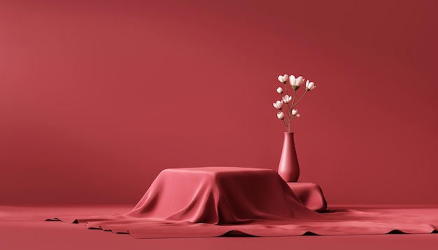 Abstracte stilleven elegantie rode podium platform product showcase met gordijn 3D-rendering