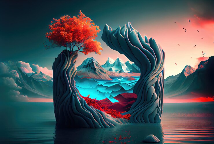 Abstracte surrealistische achtergronden van het zandduinlandschap Natuur en kunstconcept Digitale kunstillustratie Generatieve AI