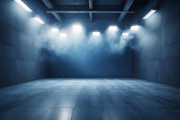 Abstracte technologie achtergrond Leeg donkere blauwe cement vloer studio kamer met rook drijvende de interieur textuur