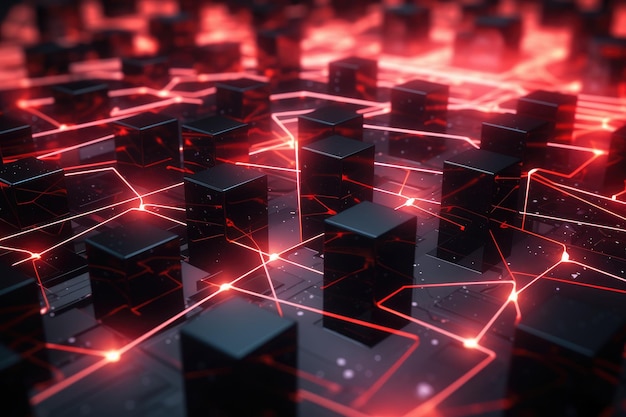 Abstracte technologische achtergrond met gloeiende kubussen 3d-rendering getinte afbeelding Closeup van een rood gloeiend blockchain-netwerk met onderling verbonden blokken en gegevensvelden met AI gegenereerd