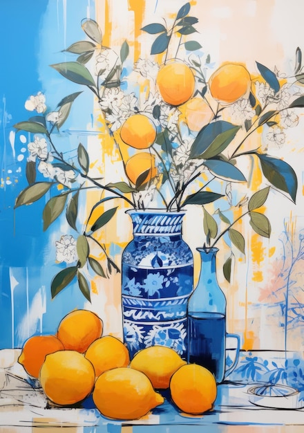 Abstracte tekening van citroencitrus en blauwe vazen kunstposter aan de muur
