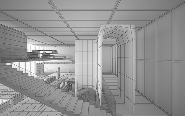 Foto abstracte tekening wit interieur multilevel openbare ruimte met raam. 3d illustratie en weergave.