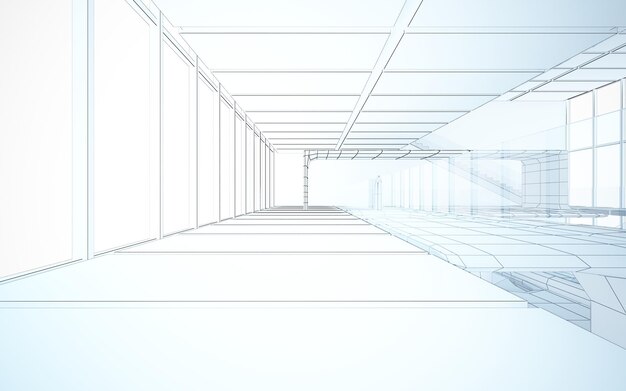 Foto abstracte tekening wit interieur multilevel openbare ruimte met raam. 3d illustratie en weergave.