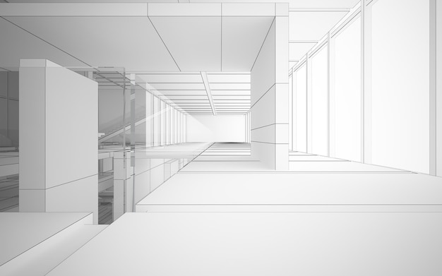 Abstracte tekening wit interieur multilevel openbare ruimte met raam. Veelhoek zwarte tekening. 3D