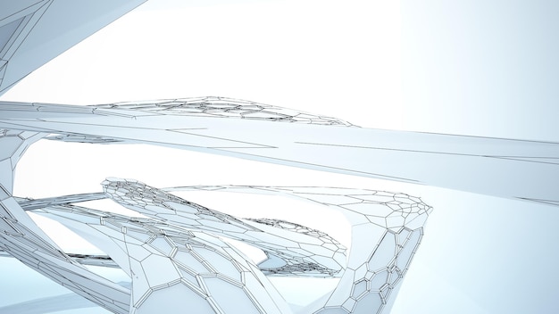 Abstracte tekening wit interieur multilevel openbare ruimte met venster 3D illustratie en weergave