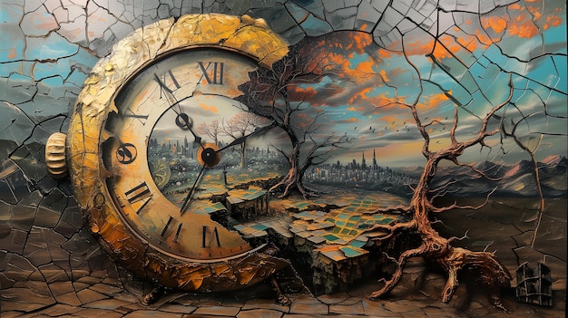 Abstracte tijdportaal met draaiende draaikolken en gloeiende klokken