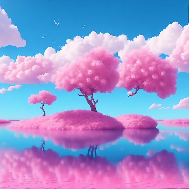 Abstracte unieke achtergrond Fantasielandschap van roze eiland omgeven door kalm water