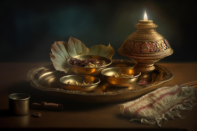 Abstracte verkoopbanner of verkoopposter voor festival van Akshaya Tritiya-viering Achtergrond samengesteld uit festivalelementen zoals godin laxmi gouden potmunten en stijlvolle tekst