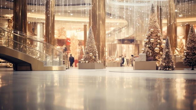 abstracte vervagingen van het interieur van een winkelcentrum, verfraaid met kerstversieringen en gloeiende lichten