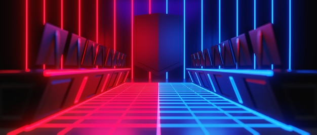 Abstracte video game van scifi gaming rood blauw vs esports achtergrondkleur vr virtual reality simulatie en metaverse scène stand voetstuk podium 3d illustratie rendering futuristische neon gloed kamer