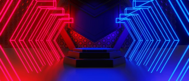 Abstracte video game van scifi gaming rood blauw vs esports achtergrondkleur vr virtual reality simulatie en metaverse scène stand voetstuk podium 3d illustratie rendering futuristische neon gloed kamer