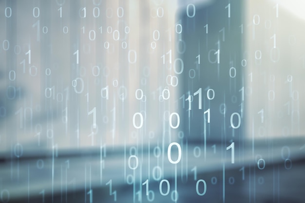 Abstracte virtuele binaire code illustratie op wazige achtergrond van moderne kantoorgebouwen Big data en codering concept Multiexposure