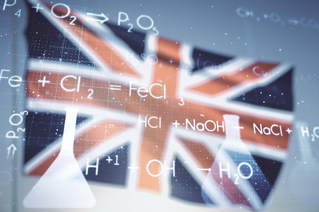 Abstracte virtuele chemie illustratie op Britse vlag en zonsondergang hemel achtergrond wetenschap en onderzoek concept Multiexposure