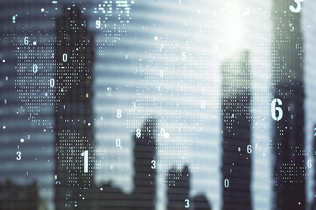 Abstracte virtuele codering illustratie en wereldkaart op moderne architectuur achtergrond internationale software ontwikkelingsconcept Multiexposure